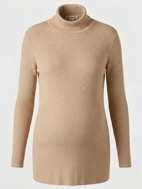 Mimi Maternity Neutral Tan Ribbed Turtleneck Sweater Soft Minimalist Size L